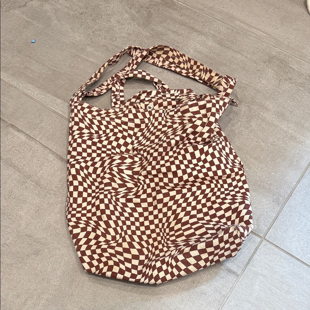 Checkerboard Canvas Tote Bag in Brown & Cream